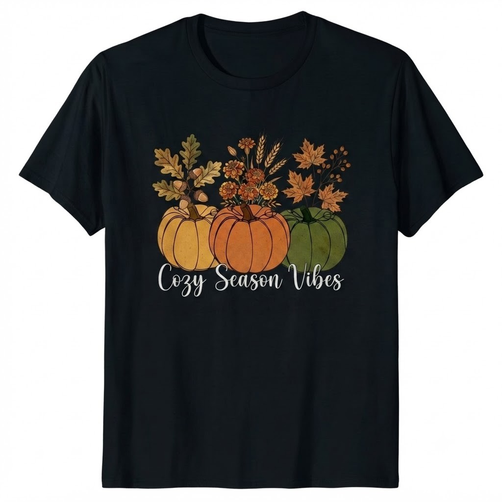 Cozy Season Vibes Autumn Pumpkins Leaves Flowers T-shirt