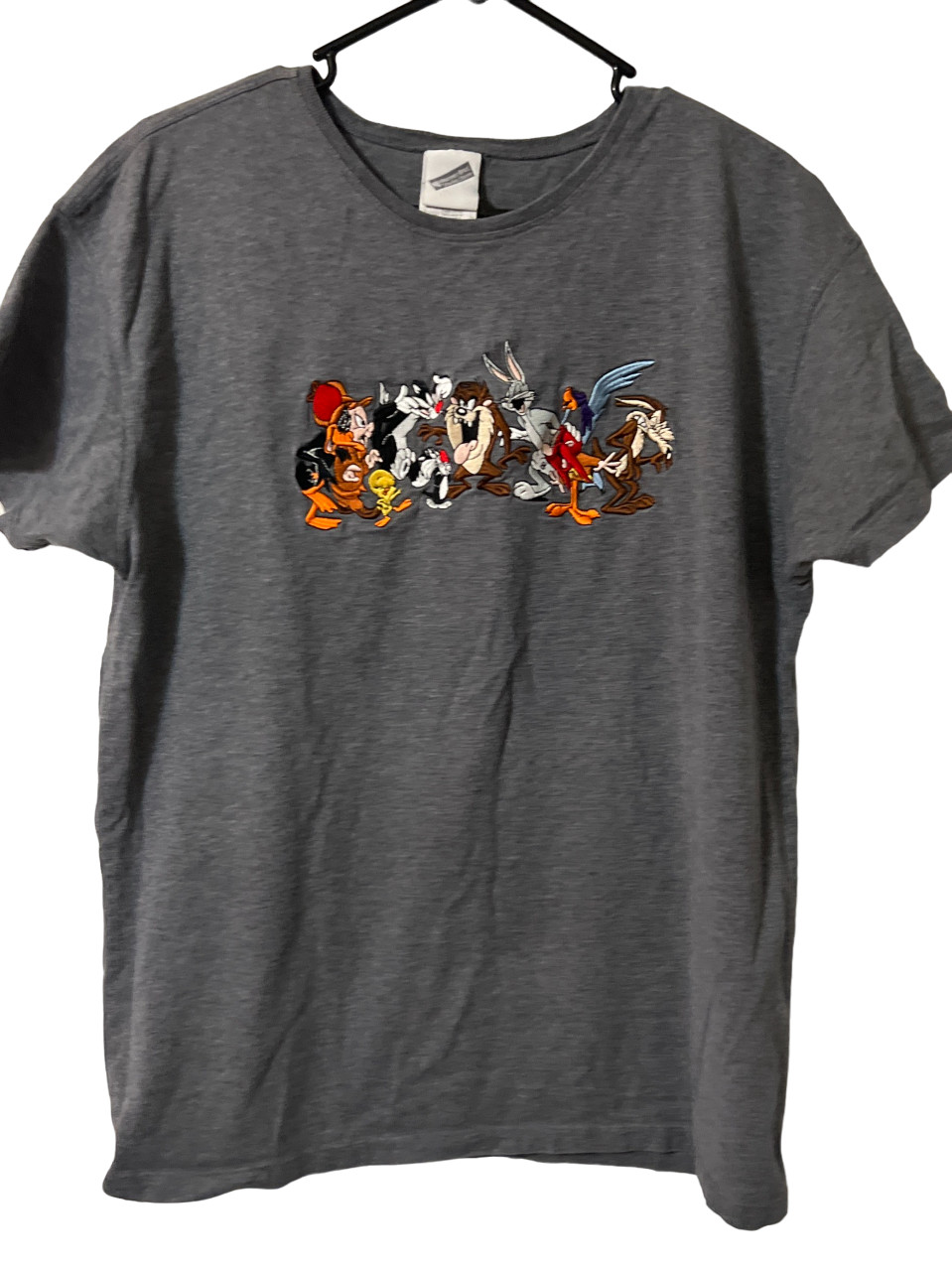 1999 Warner Bros Looney Tunes Gray Embroidered Tee Tshirt Size Large