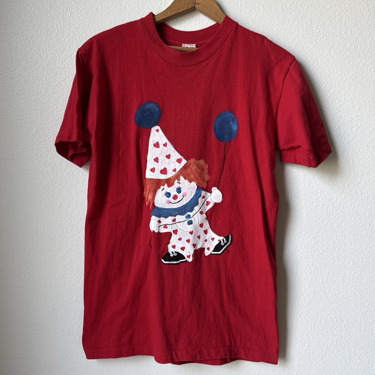 Hand painted vintage Red Clown Graphic Crew Neck Short Sleeve Cotton T-Shirt M