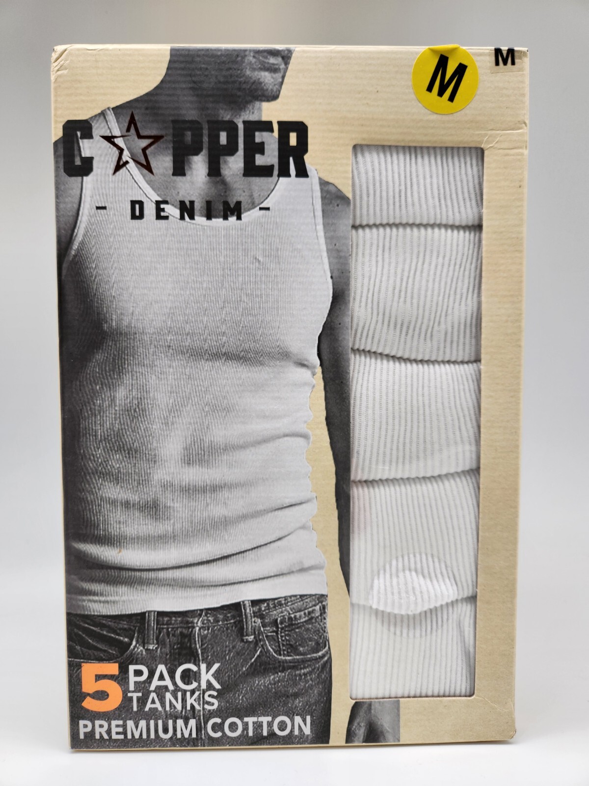 5 Pack COPPER DENIM Men&rsquo;s Sizes S M L XL Premium Cotton White Ribbed Tanks