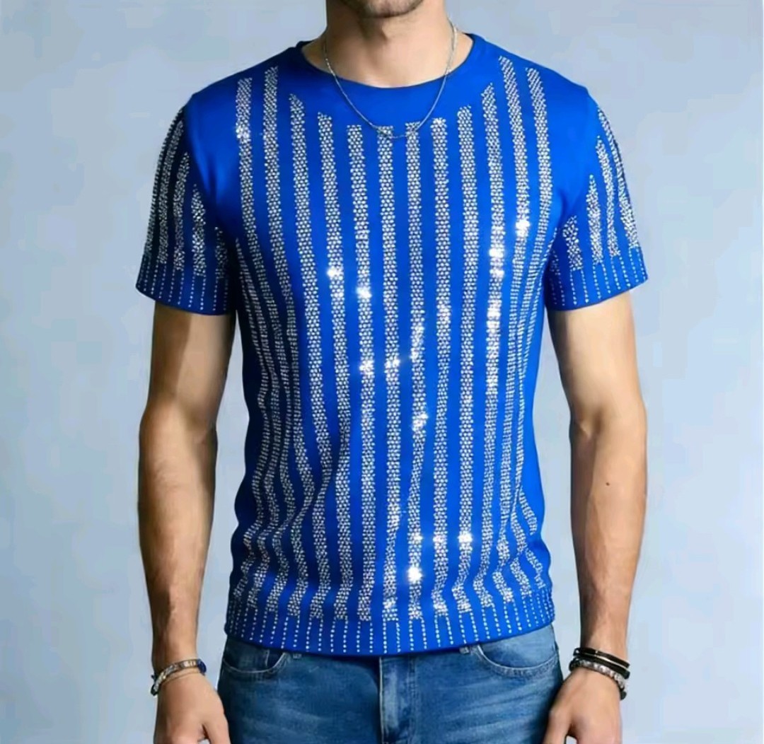 New Men Women Luxury Diamond Rhinestones Fashion Blue Red T-Shirt High Quality