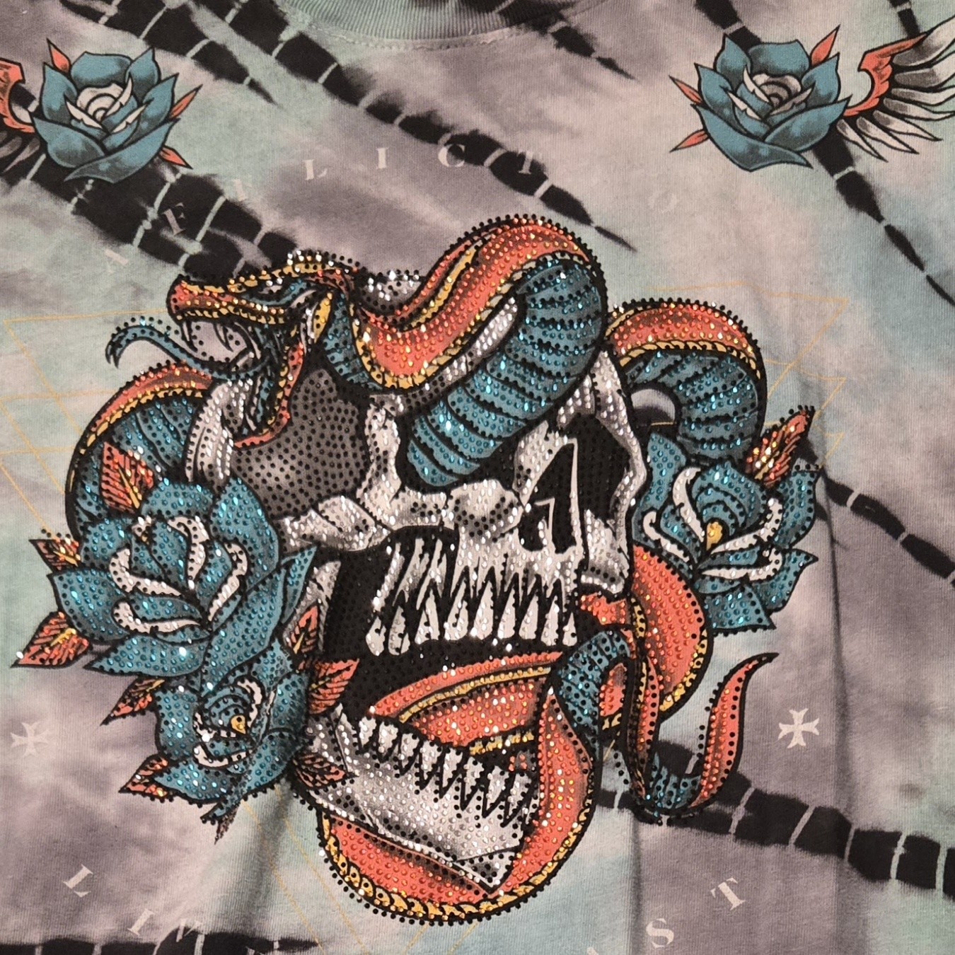 Men&rsquo;s Rhinestone Skull Graphic Print Tie-Dye Style T-Shirt Gray/Black/Blue