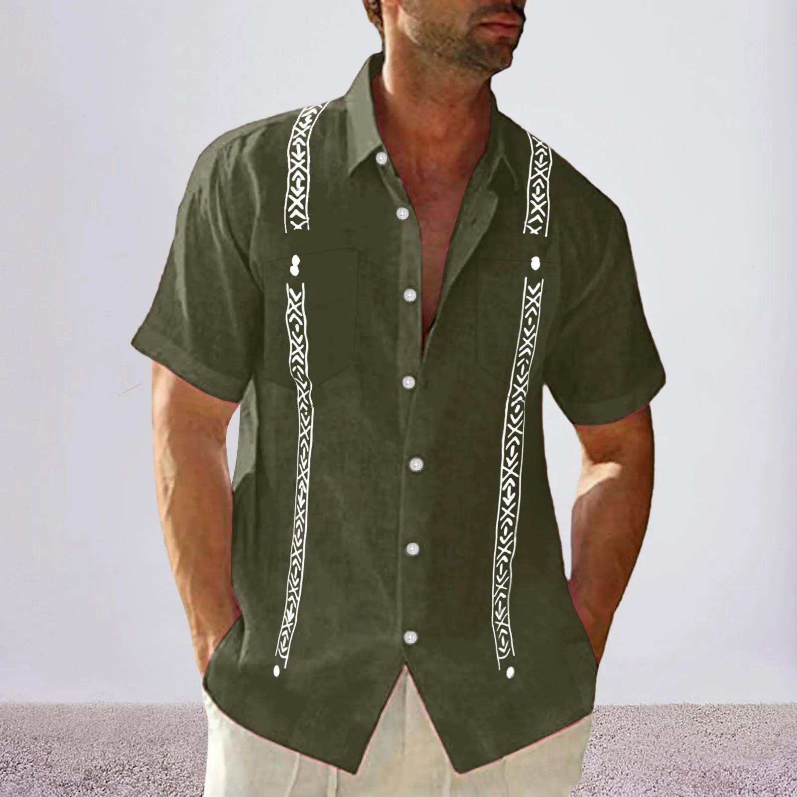 Men&rsquo;s Short Sleeve Button-Up Casual Cuban Guayabera Beach Wedding Dress Shirt