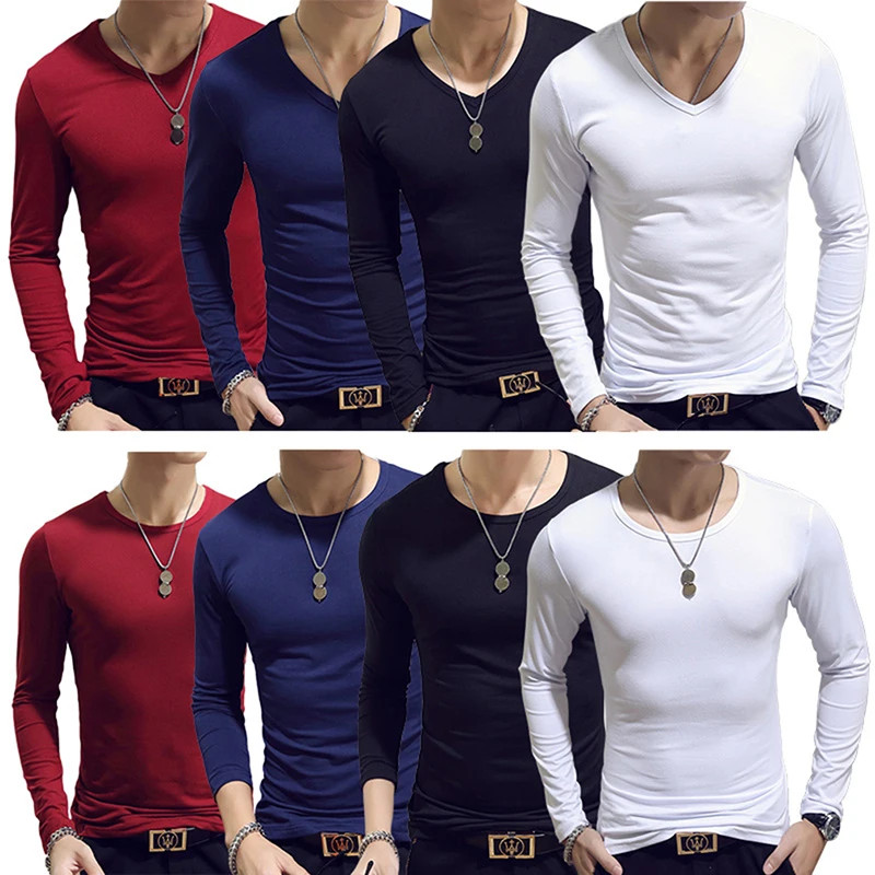 Men T Shirt Long Sleeve Slim Fit Solid Color Round Neck V Neck Cotton Top
