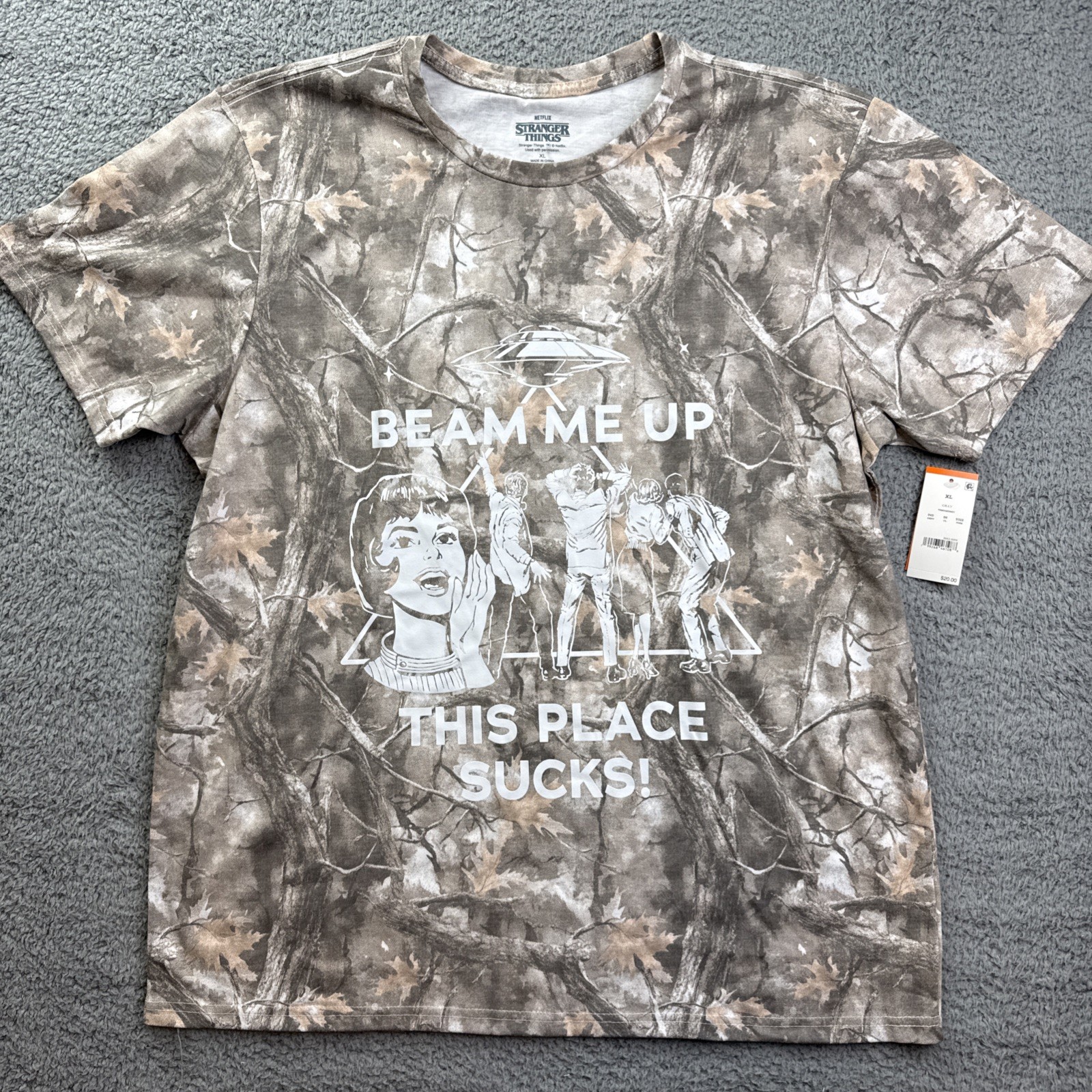 Stranger Things Shirt Mens XL Gray Camo Beam Me Up Alien Graphic Tee NWT