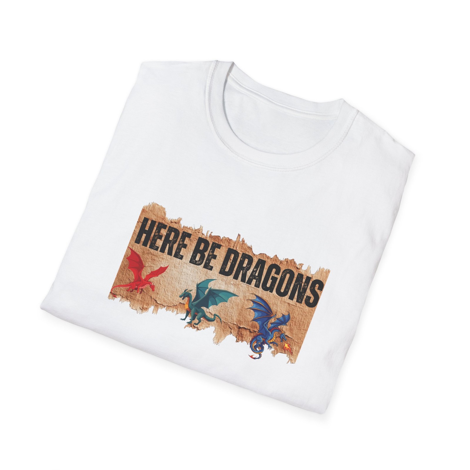 Here Be Dragons T-Shirt | Vintage Map, Flying Dragons Red Green Blue