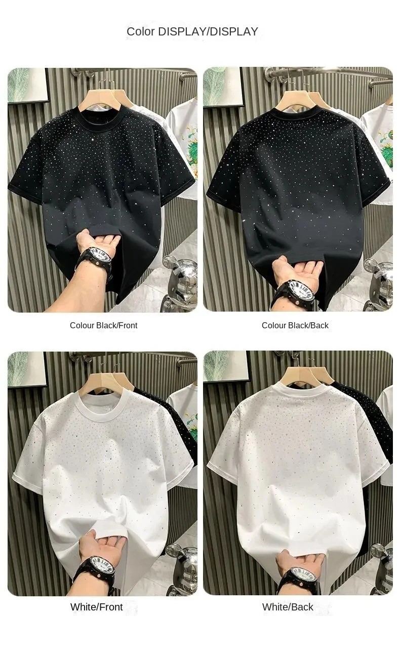 New Men Women Luxury Diamond Rhinestones Black White T-Shirt High Quality