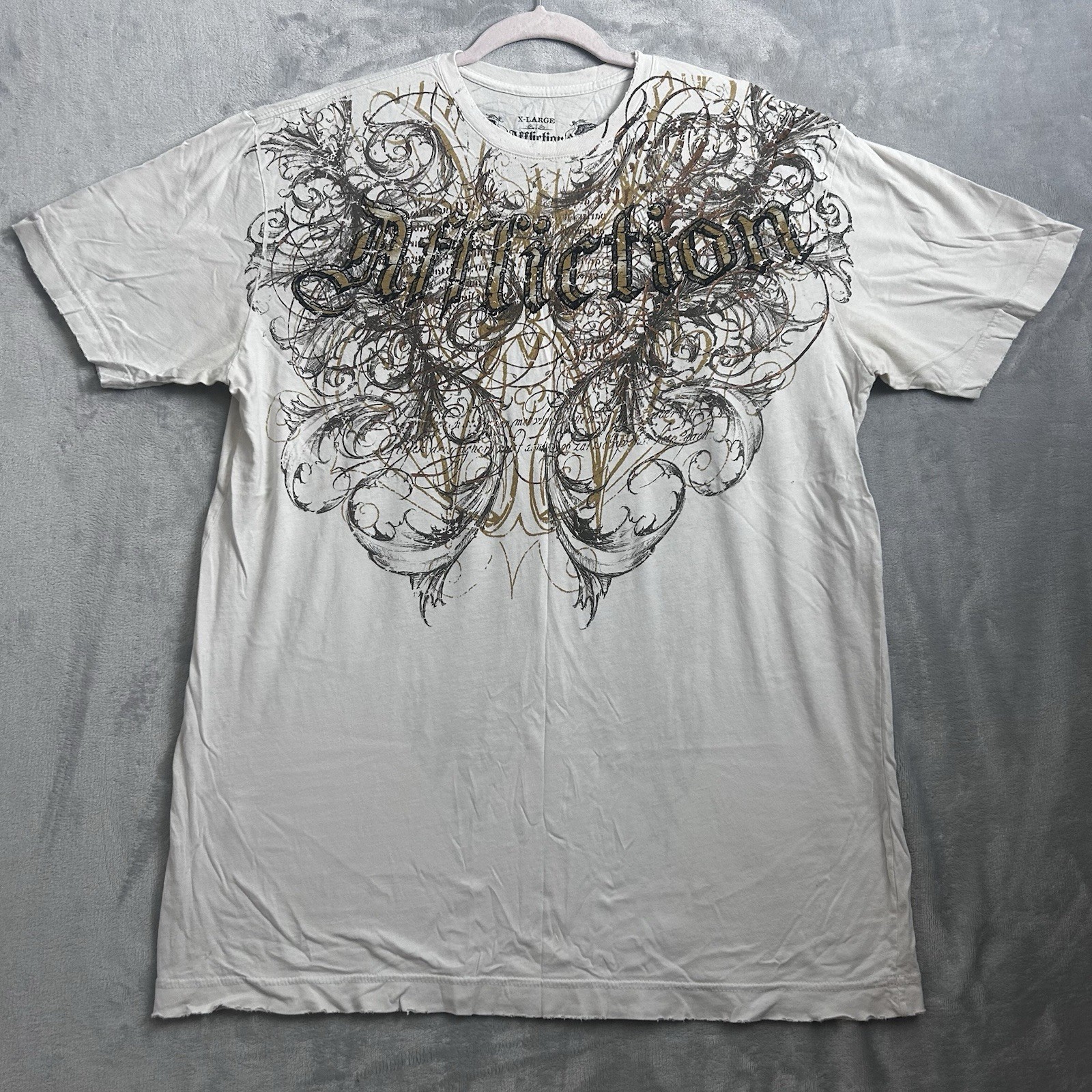 Affliction Cross Wings Shirt Mens XL White Gold Y2K Gothic Biker MMA Double Side