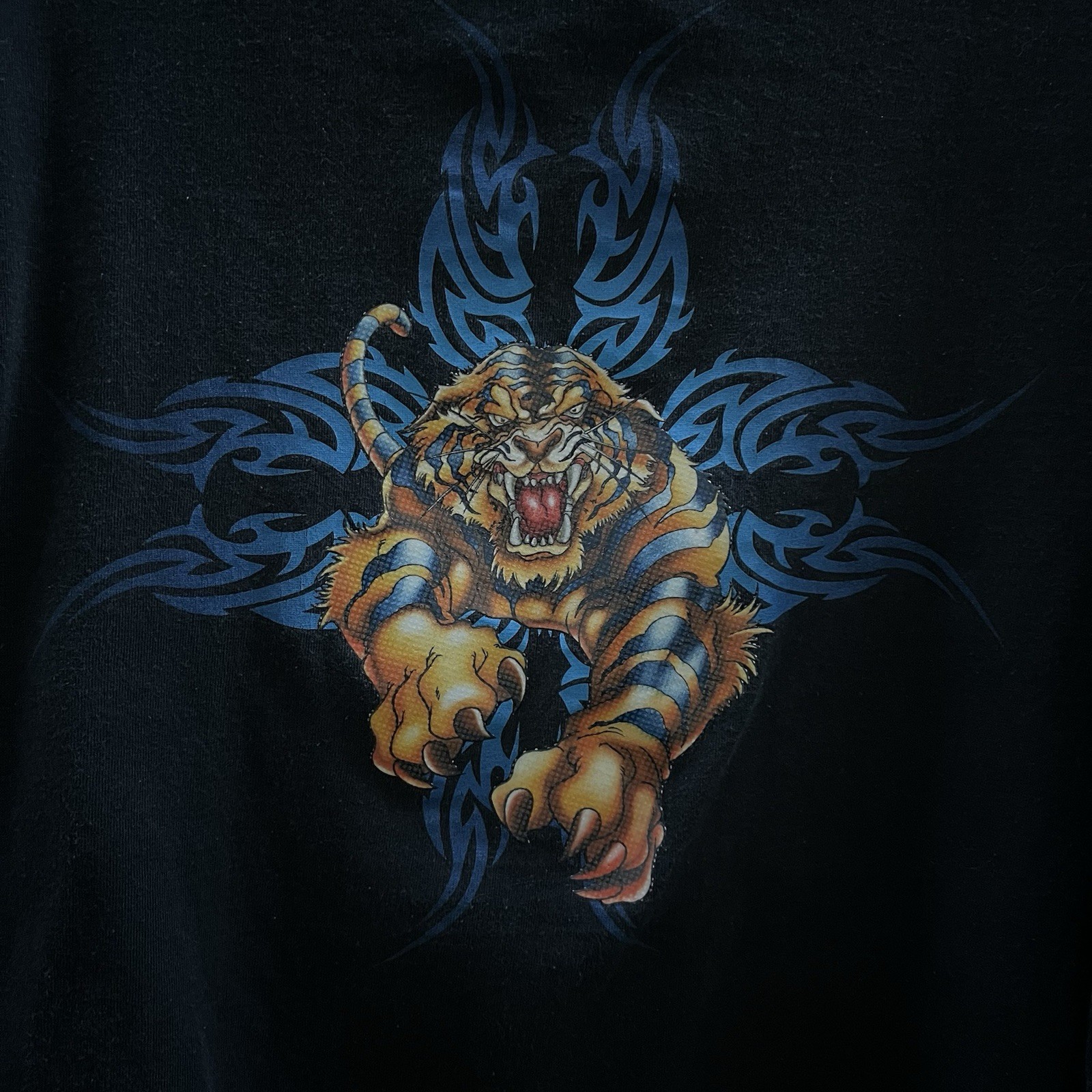 Vintage Y2K JNCO Tiger Tribal Flames Longsleeve Shirt Dark Blue Fits M/L 21×26