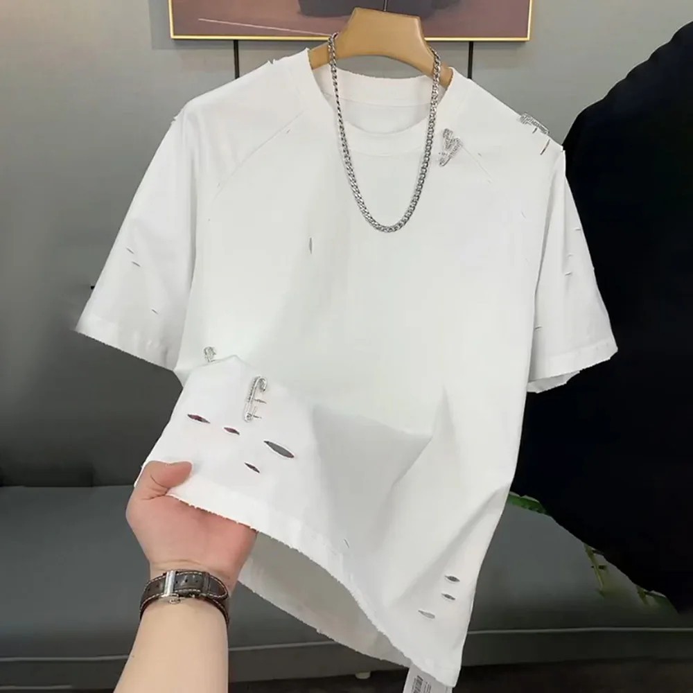 Trendy Men&rsquo;s Streetwear Distressed Cotton T-Shirt Rhinestone Pin Casual Top