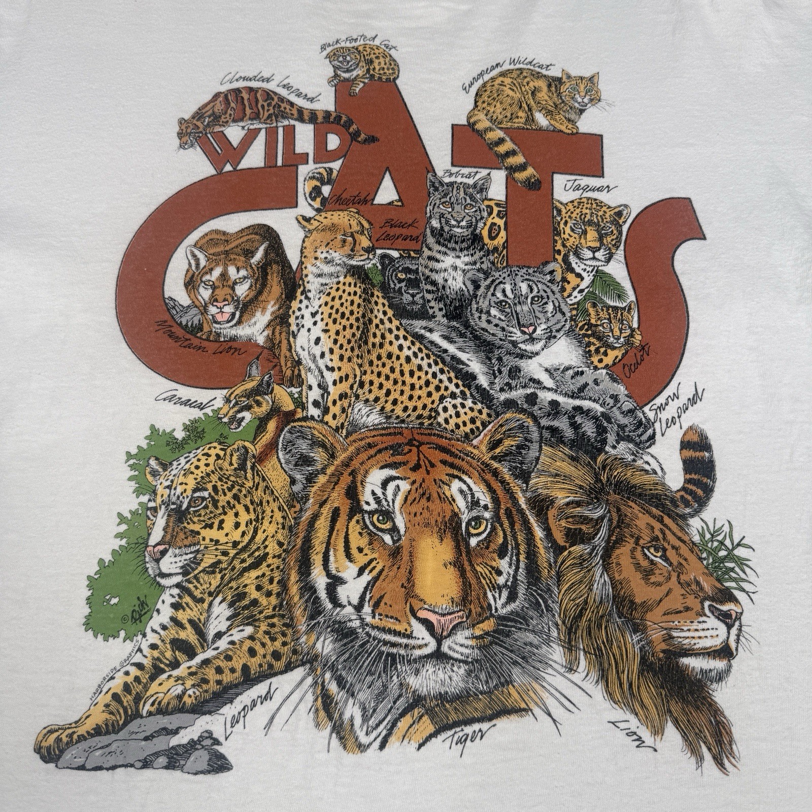 VTG 90s Wild Cats T Shirt Mens L White Wildlife Animal Graphic Single Stitch USA