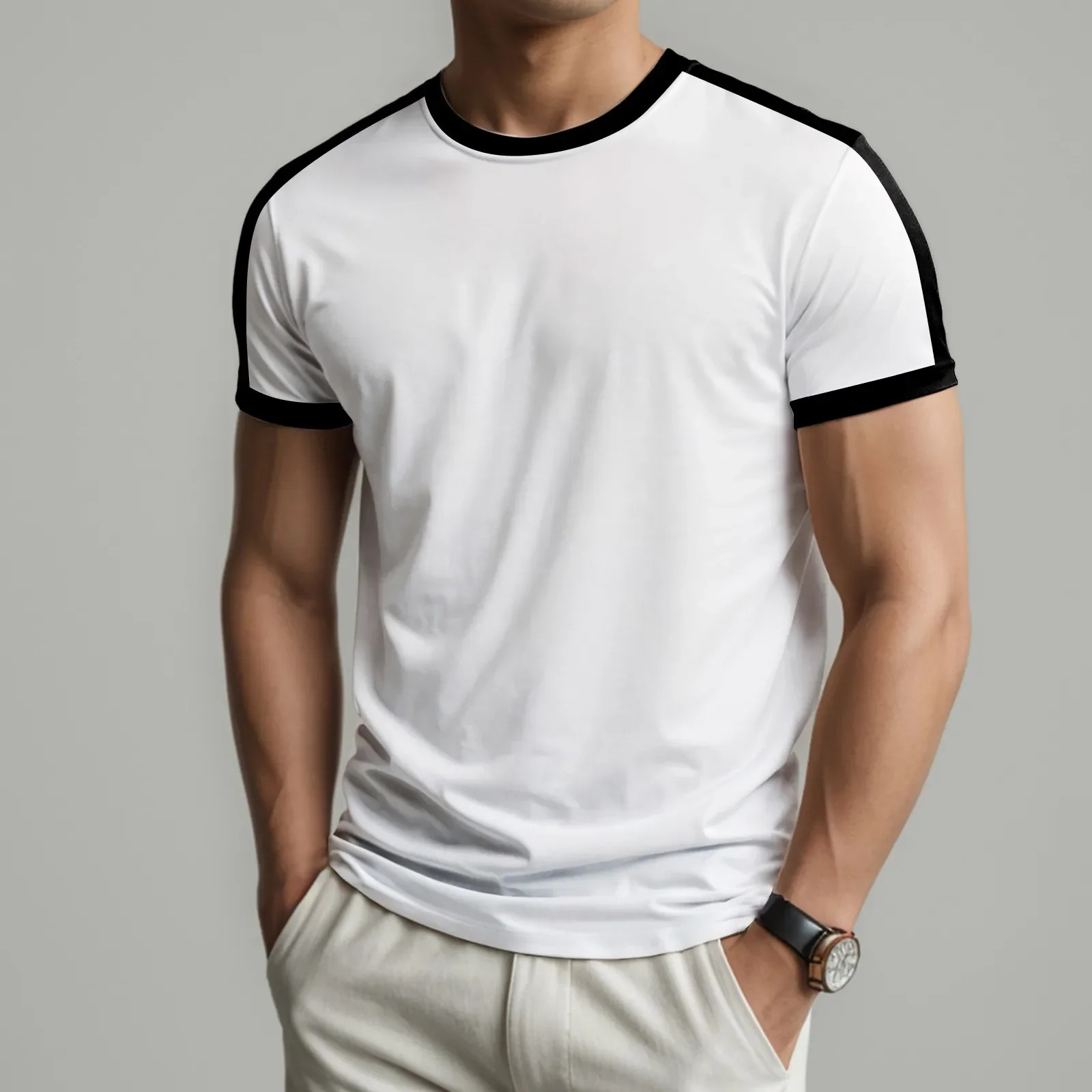 Color Block Casual T Shirts for Men Summer Short Sleeve Sports Fitness Contrast
