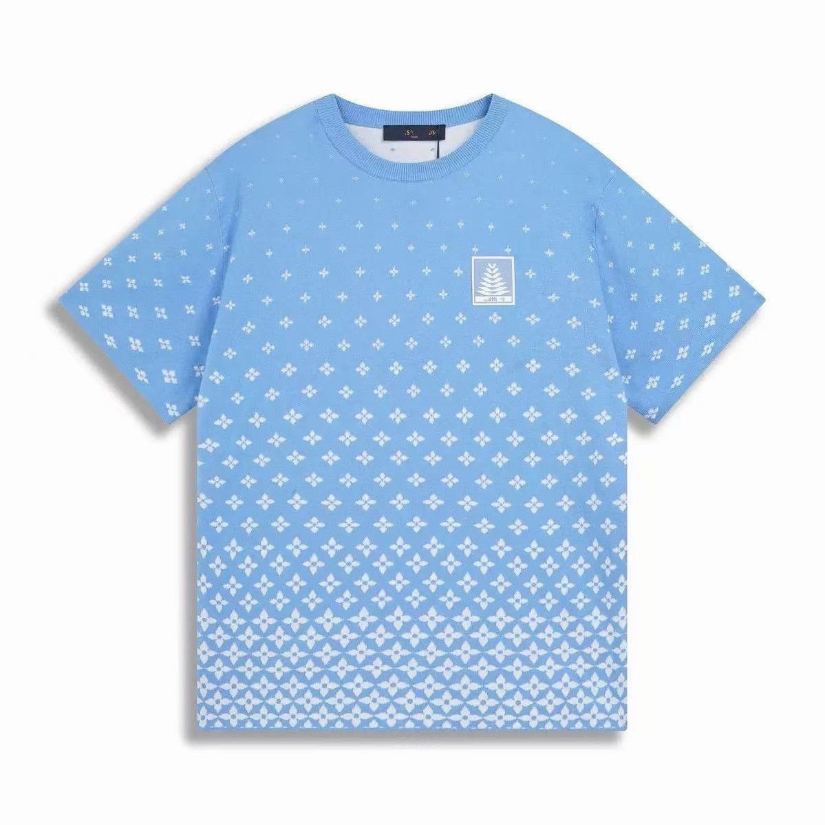 Men&rsquo;s Blue/White Geometric Knit Crew Neck Short Sleeve Logo T-Shirt Size L