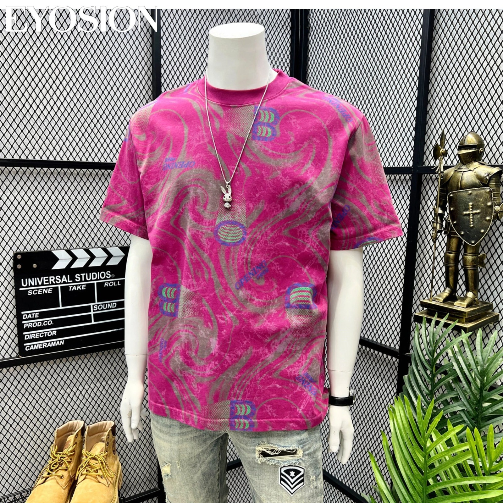 Men Designer Abstract Marble Print Cotton T-Shirt Retro Casual Short Sleeve Tee