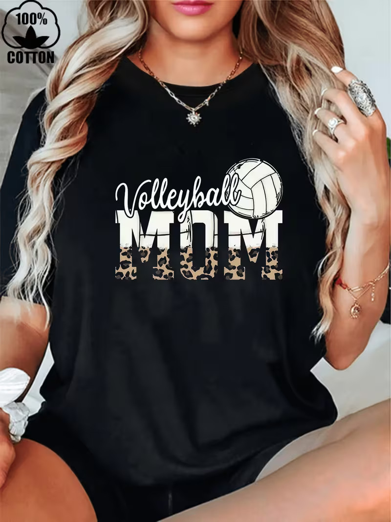 1pc Women&rsquo;s Volleyball Mom Graphic T-Shirt – Leopard Print Accents, 180g Heavywe