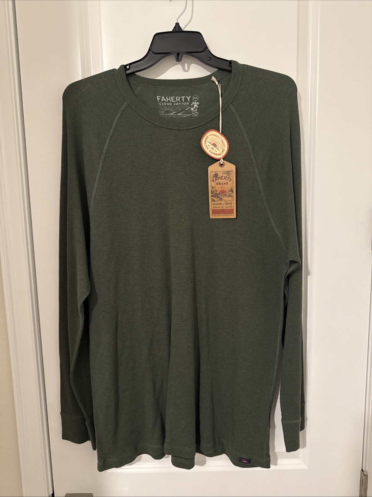 Faherty Men&rsquo;s Long Sleeve Cloud Waffle Crew, Deep Fern Heather, XXL