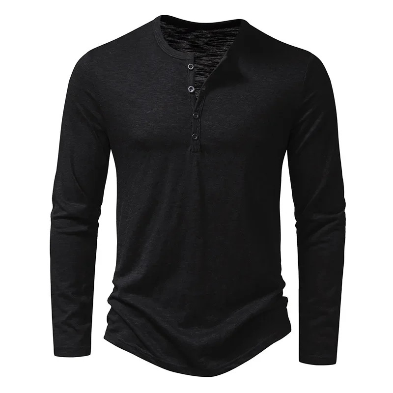 Autumn New Men&rsquo;s Cotton Button Long Sleeve Henley Neck T-Shirt Casual Solid