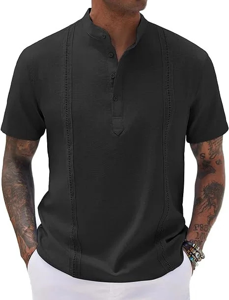 2024 New men&rsquo;s Henry Collar solid color vintage cotton hemp webbing top Fashion