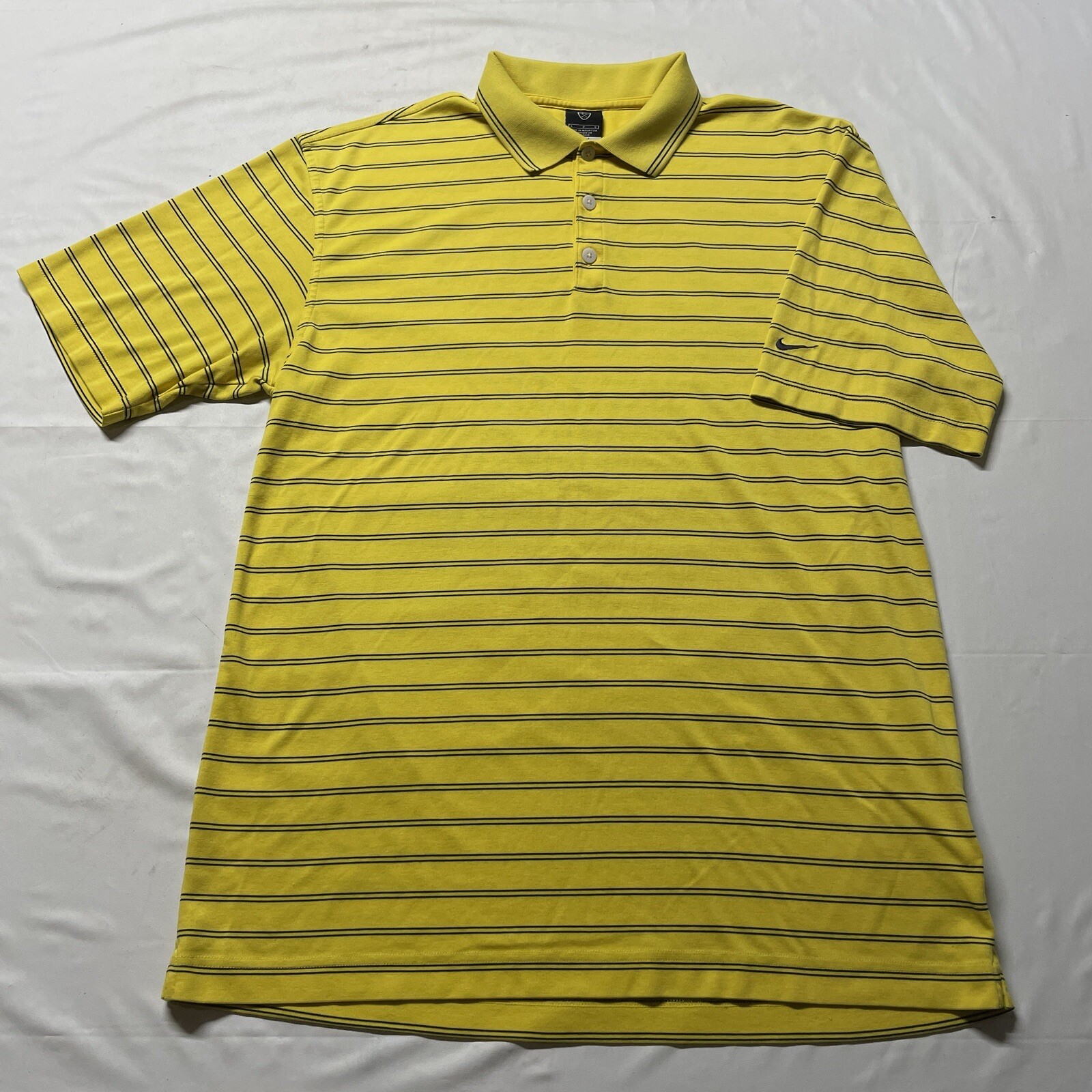 Nike Golf Polo T-Shirt Mens Large Yellow Black Dri-Fit Striped Swoosh Golfing