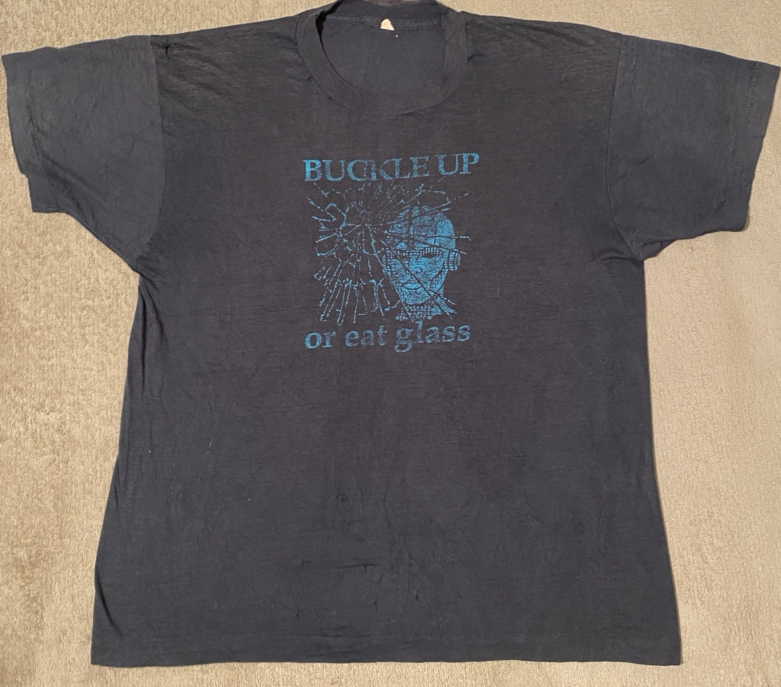 Vintage 1980s Buckle Up or Eat Glass Crash T Shirt men’s large Distressed