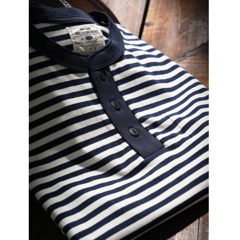 American Tough Guy Style Henry Collar Striped Washed Cotton Short Sleeved Shirt