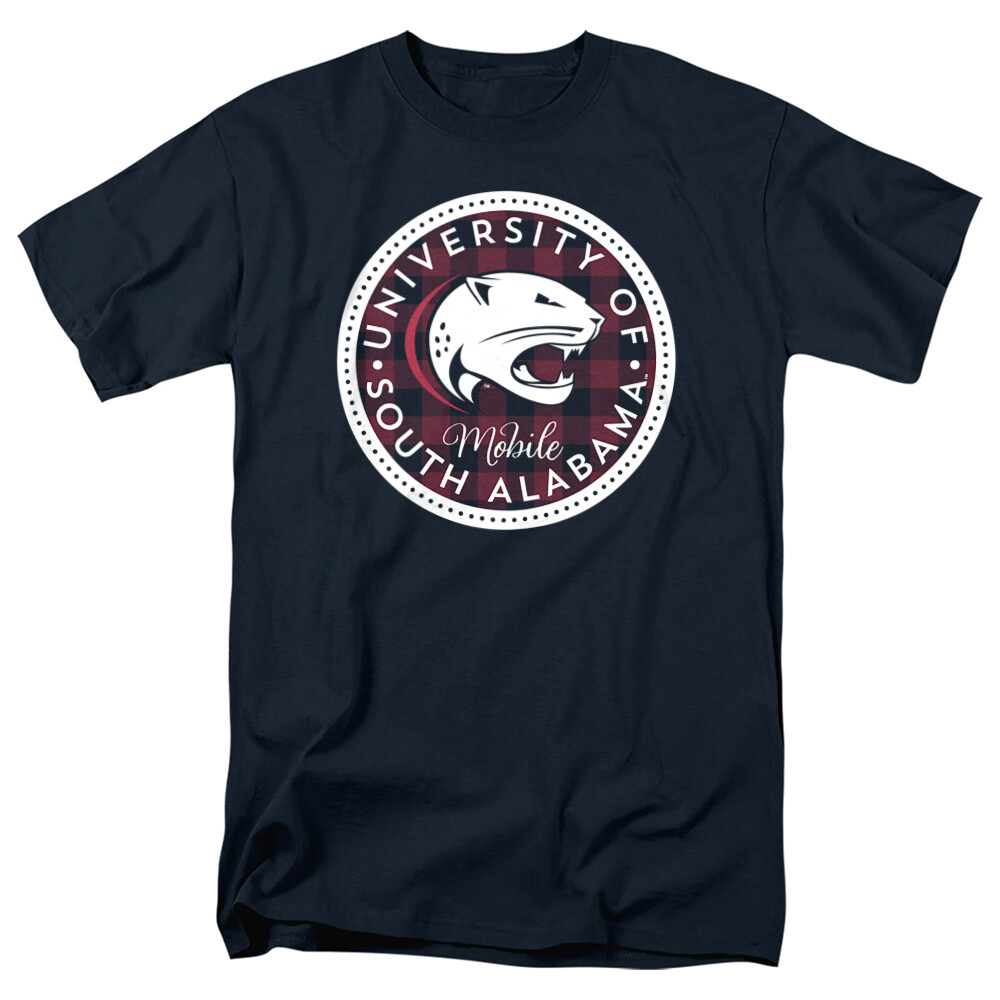 University of South Alabama Adult T-Shirt Plaid Badge, Navy, S-5XL