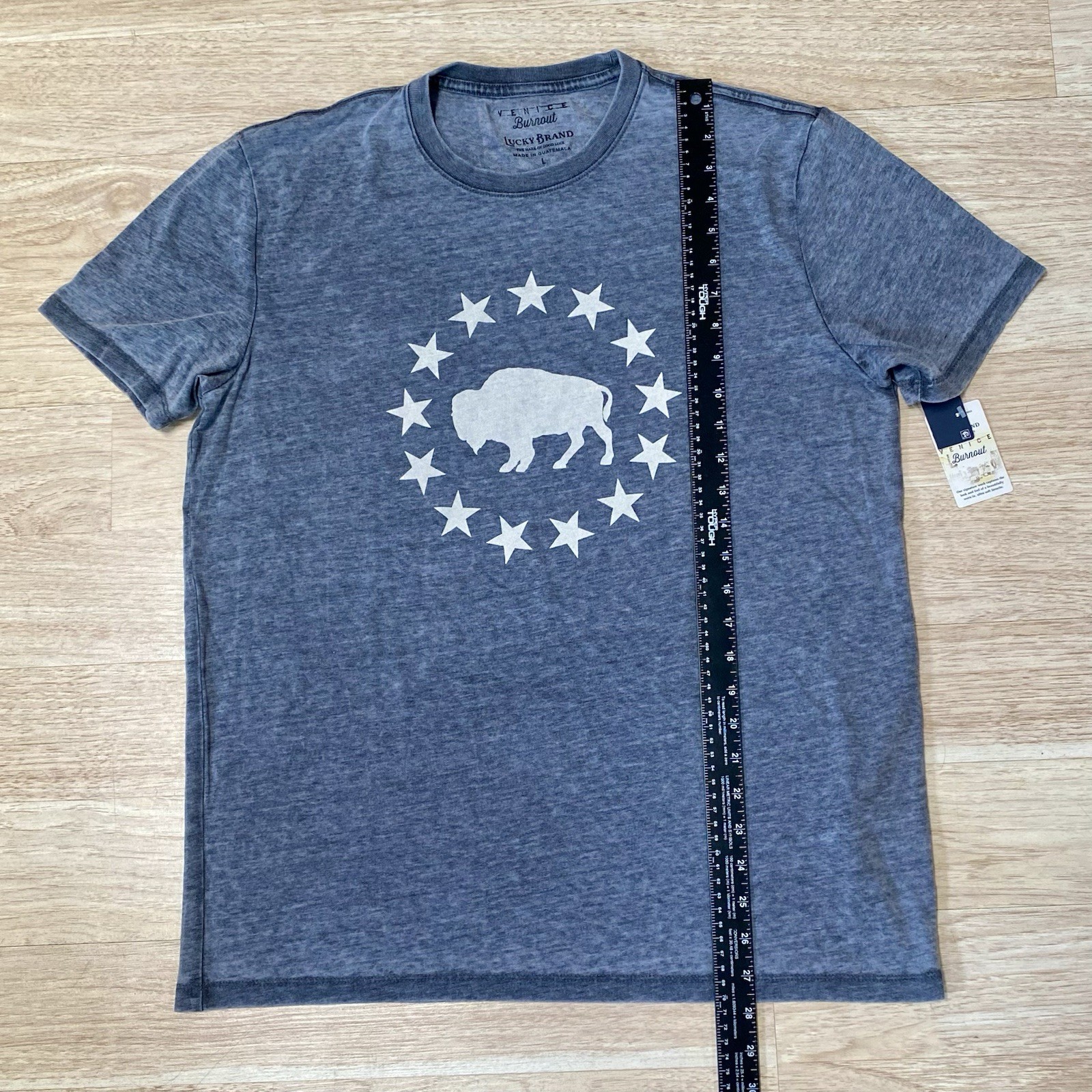 Lucky Brand T-Shirt Men’s L Jet Black (Gray) Buffalo Stars Venice Burnout Tee SS