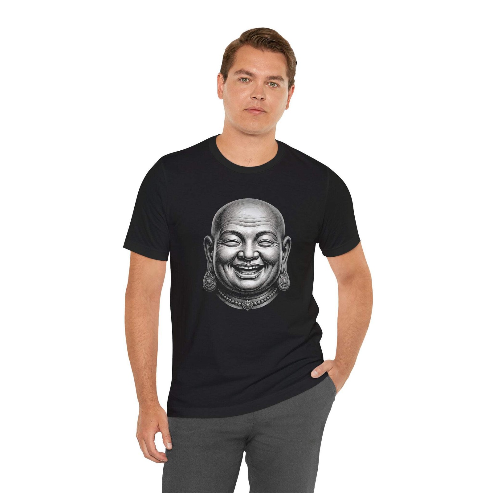 Laughing Buddha Head T-Shirt | Happy Buddhist Zen Unisex Graphic Unisex Tee