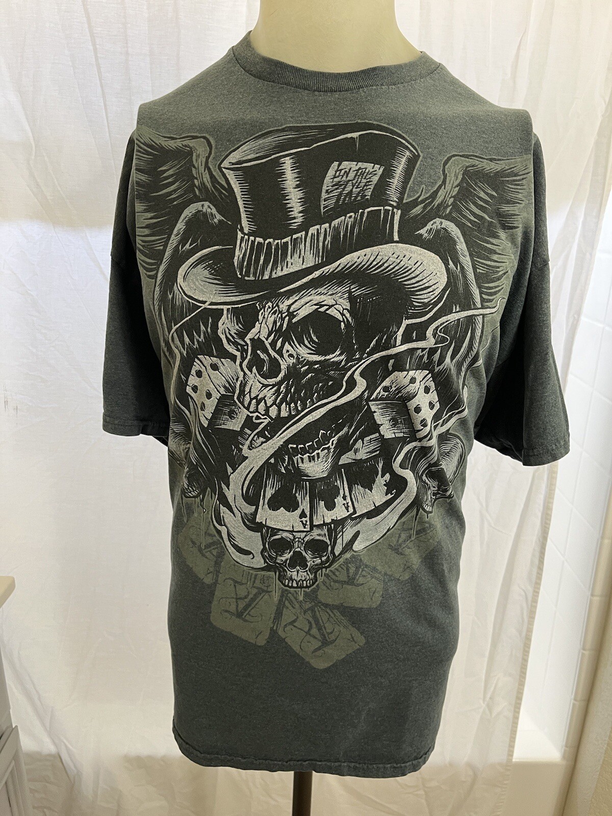 Gothic Skulls T-Shirt Mens 2XL Gray Cards Poker Biker Short Sleeve Crew Neck
