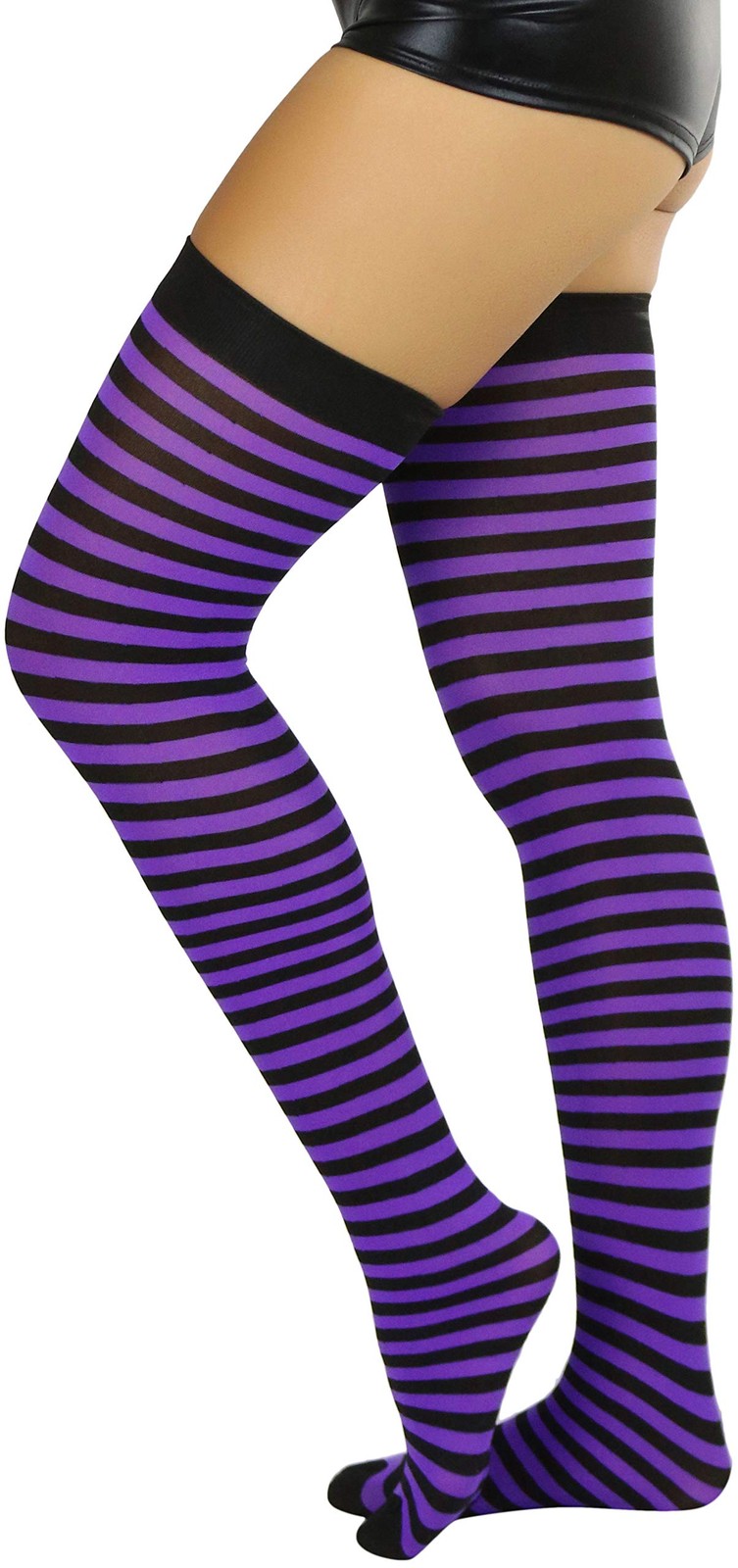 Women’s Opaque Hoseiry Thin Striped Thigh High Long Stocking – Black W/Purple…