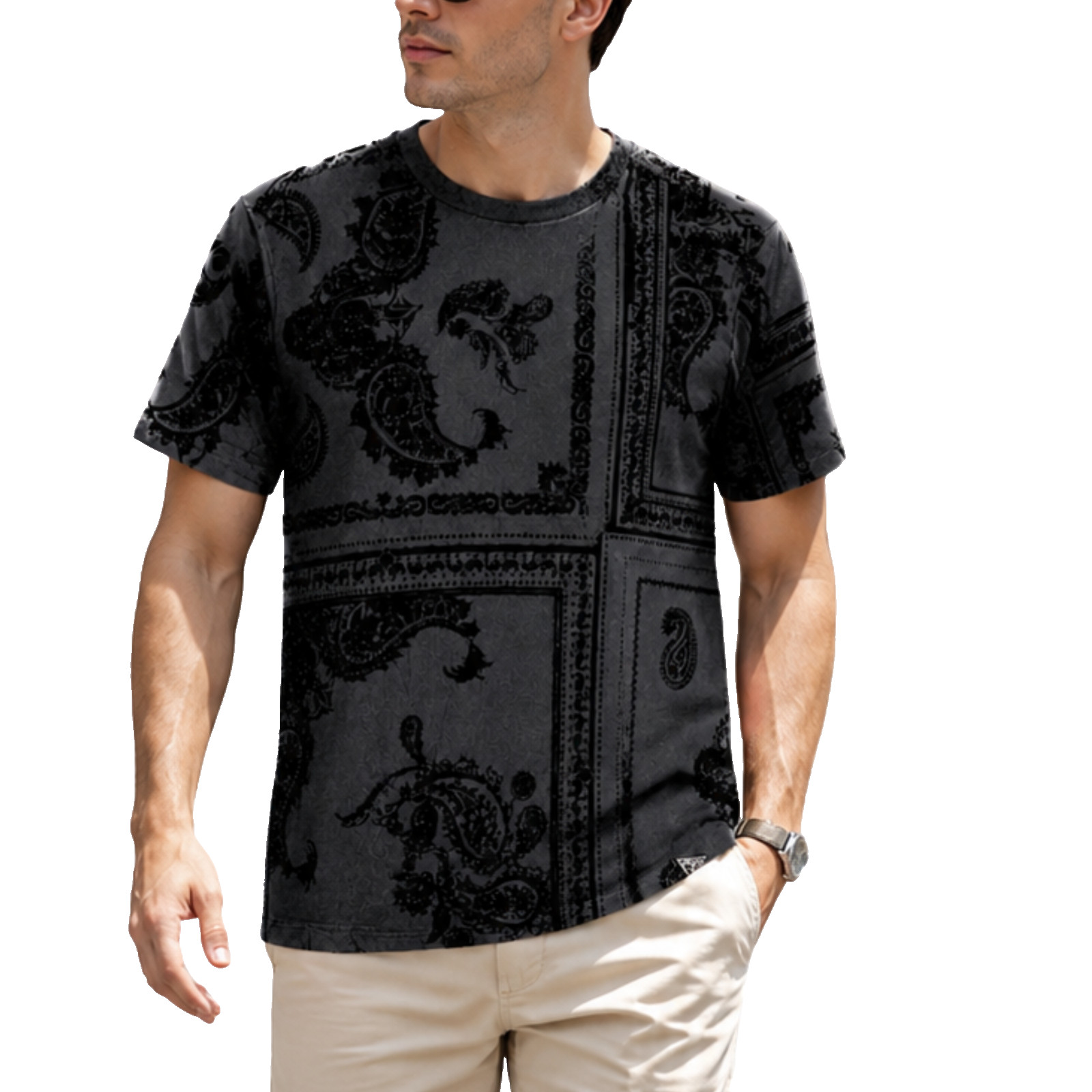 GUESS Men&rsquo;s Size M Black Paisley Flocked T-Shirt Velvet Short Sleeve NWT