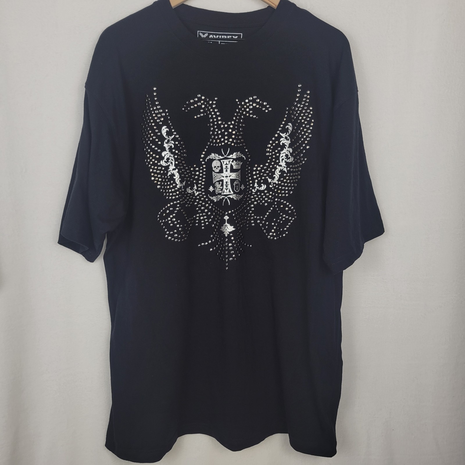 Avirex Mens XL Black Studded Double-Headed Eagle Graphic T-Shirt Y2K Streetwear