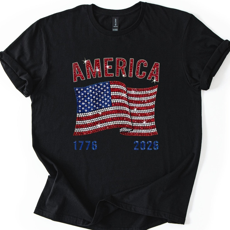 America 250 Bling Shirt, Patriotic Sparkle Flag Tee, 4th of July Gift