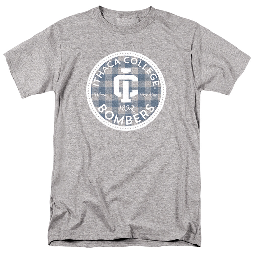 Ithaca College Adult T-Shirt Plaid Badge, Athletic Heather, S-5XL