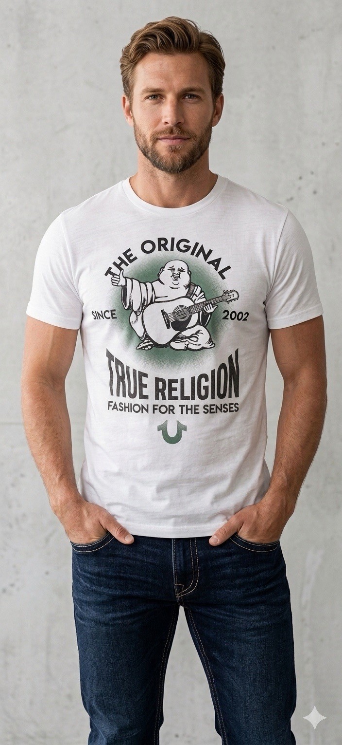$69 TRUE RELIGION White REAL DEAL BUDDHA Short Sleeve Designer Graphic T-shirt