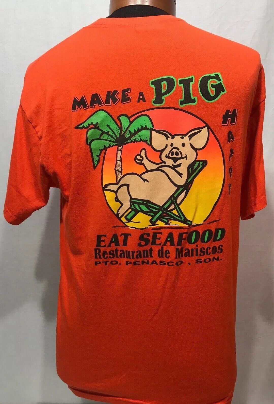 Make a Pig Happy Eat Seafood T Shirt Aqui Es Con Flavio Size Large Humor Funny