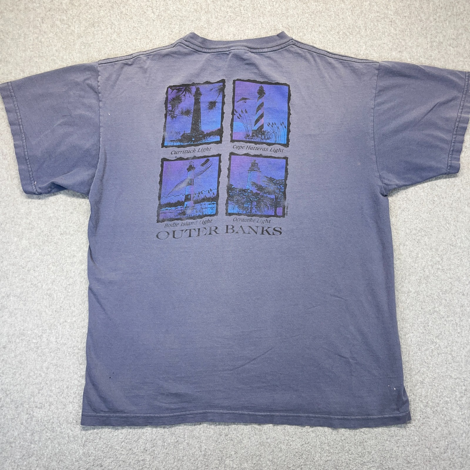 Global Drop Tag Graphic T-Shirt Men’s Blue Kitty Hawk Kites Outer Banks NC Y2K