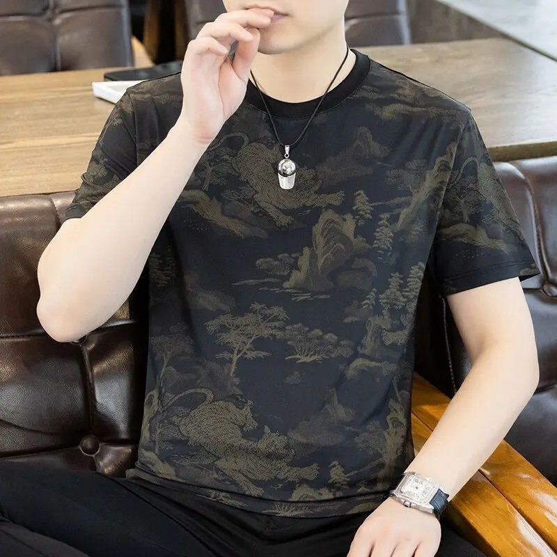 Men&rsquo;s Ice Silk Cooling T-Shirt Summer Print Casual Short Sleeve O-Neck Top