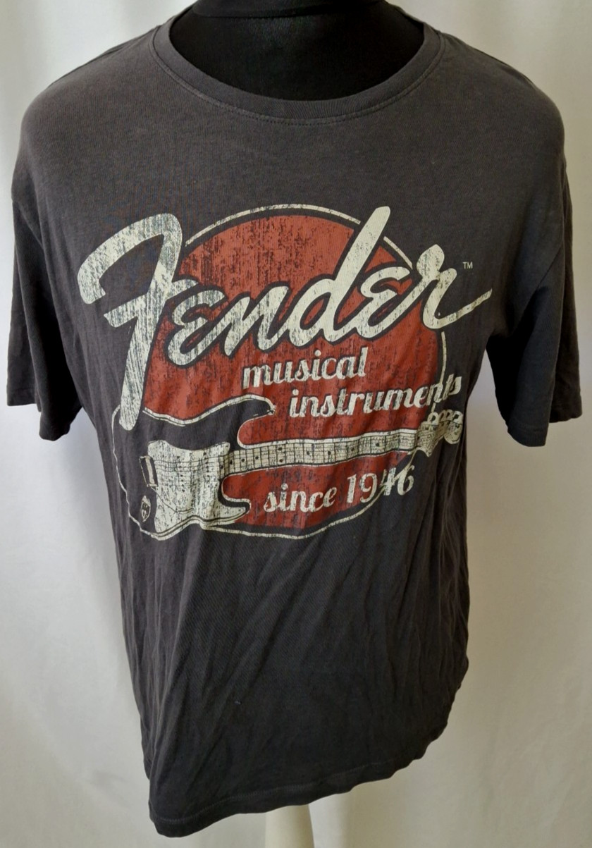 Fender Distressed Guitar Logo Graphic T-Shirt Retro Music Band Grey Large A283