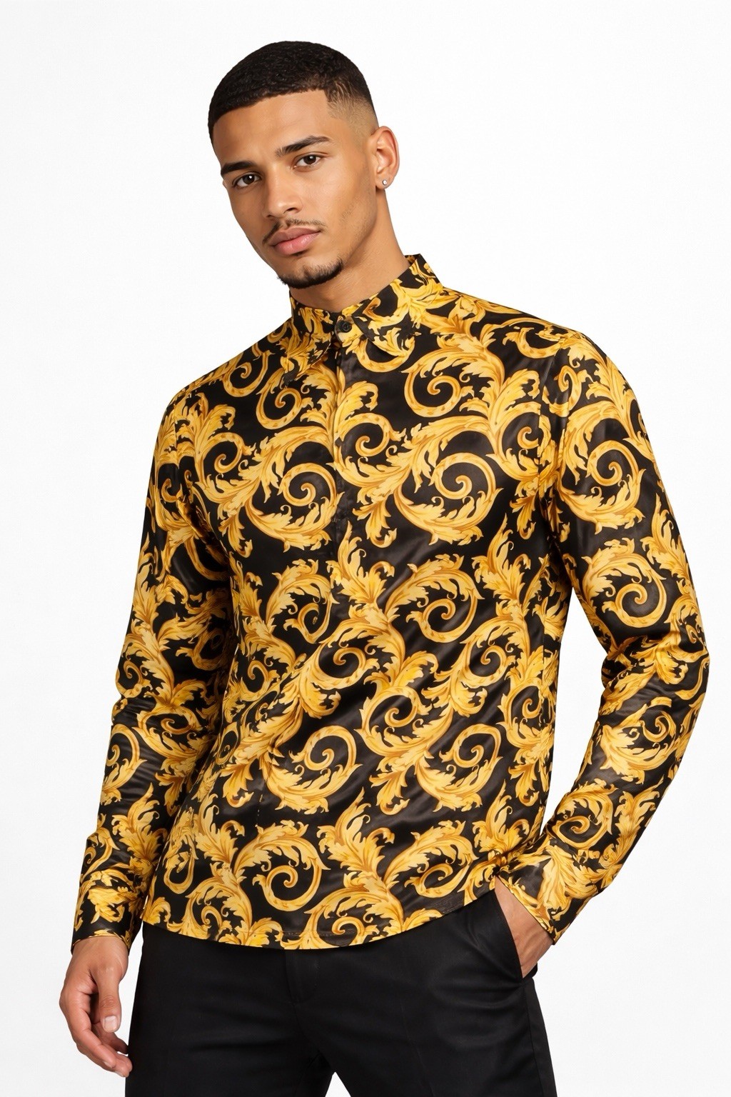 Versace Informal Shirt Twill Poly Baroque Black And Gold 50IT(US L)$1750 Retail