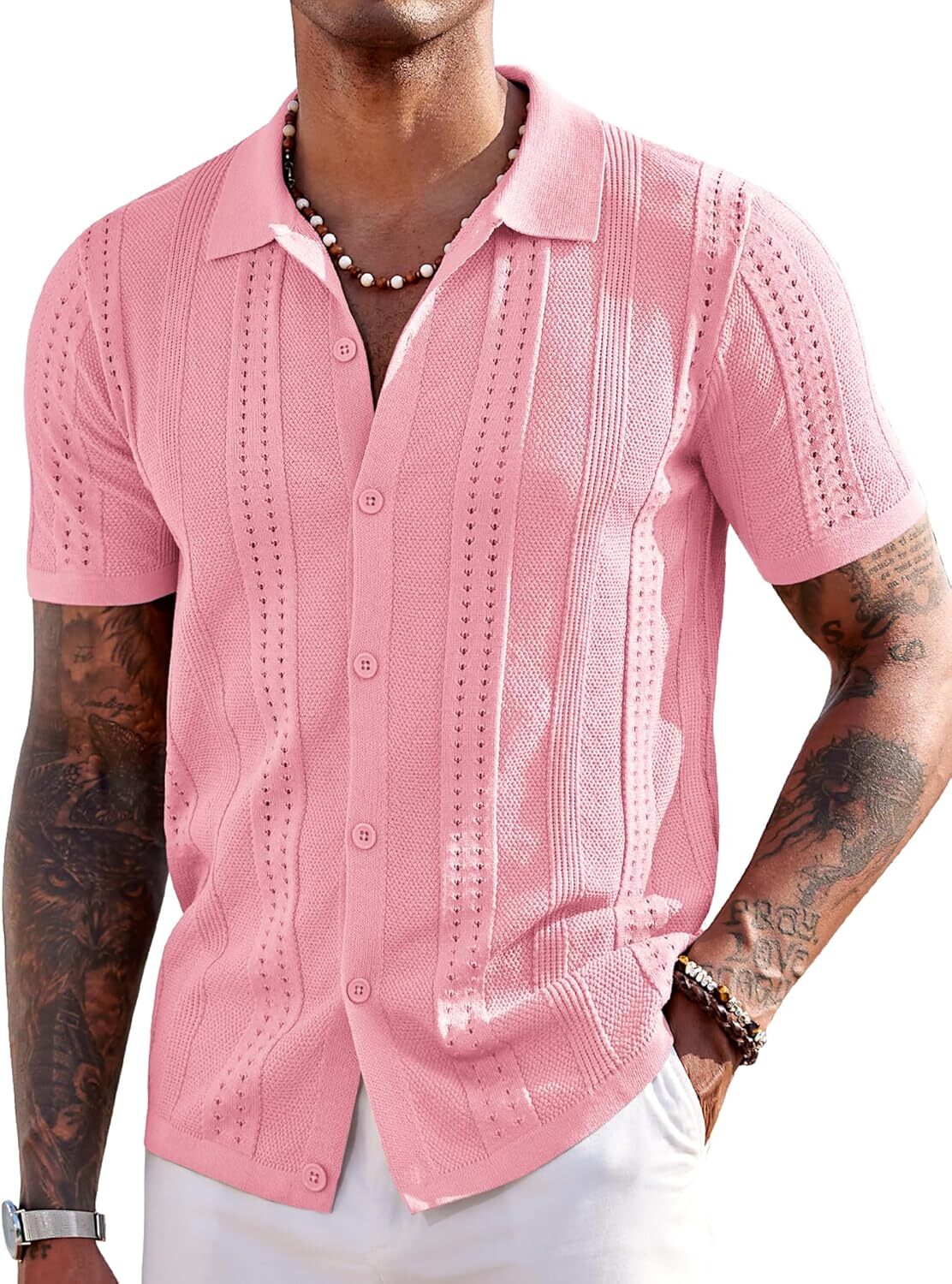 Men&rsquo;s Short Sleeve Button Down Polo Shirt – Knit Fabric Casual Summer Beach Tops