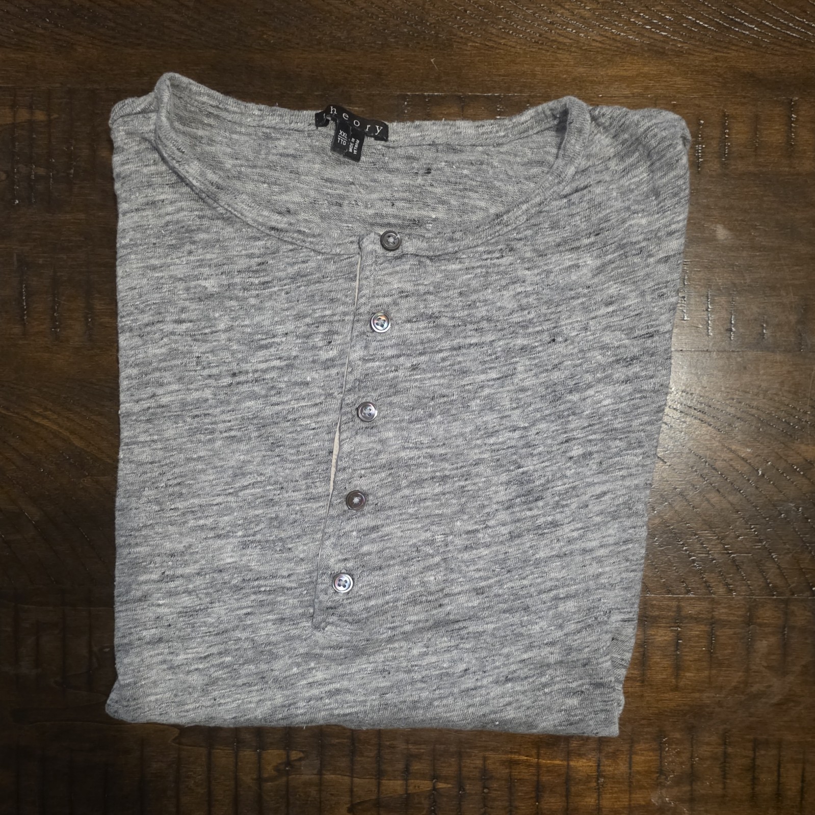 Theory Men&rsquo;s Gray Linen Jersey Henley T-Shirt Button Placket, See Measurements