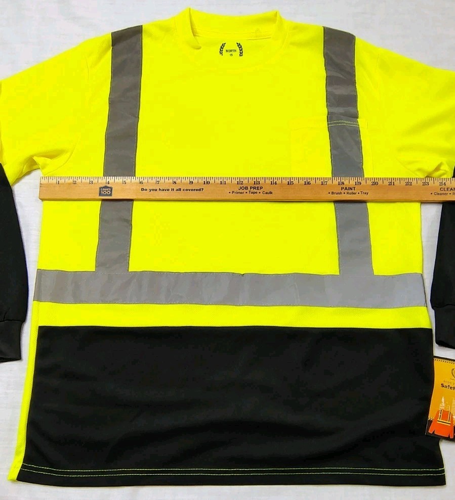North 15 High Vis LS Safety Work T-Shirt Pocket ASNI Class 2 Yellow Black Sz L