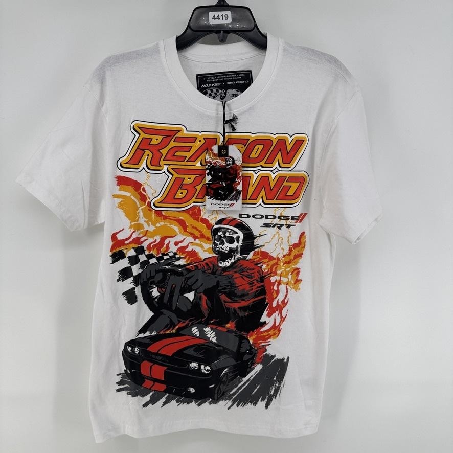 Reason Brand T Shirt Mens Medium White Dodge SRT Skull Racing Graphic Tee Flames