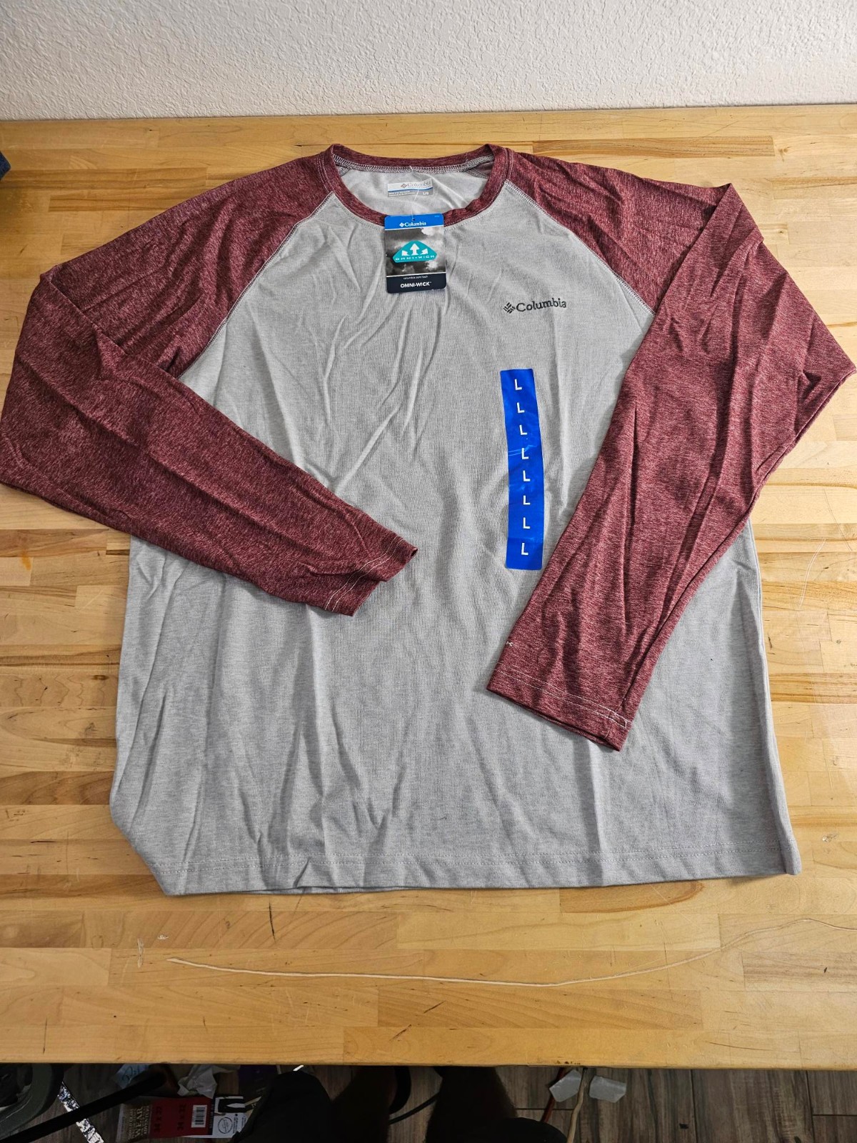 L / LARGE – RED GREY – Men&rsquo;s Columbia Raglan Long Sleeve Tee Shirt