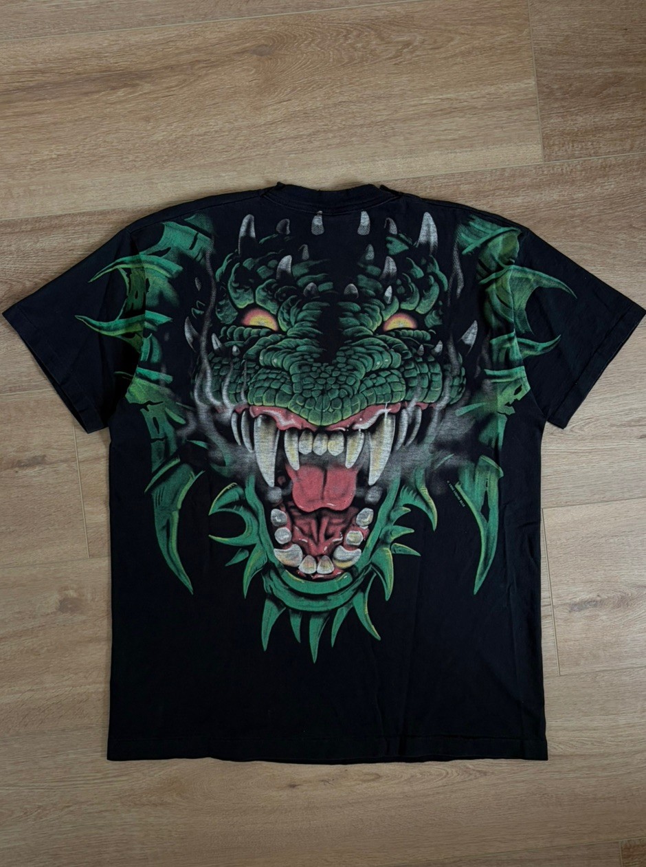 Vintage 1996 Liquid Blue Red Green Dragon Face AOP Double-Sided T-Shirt Size XL