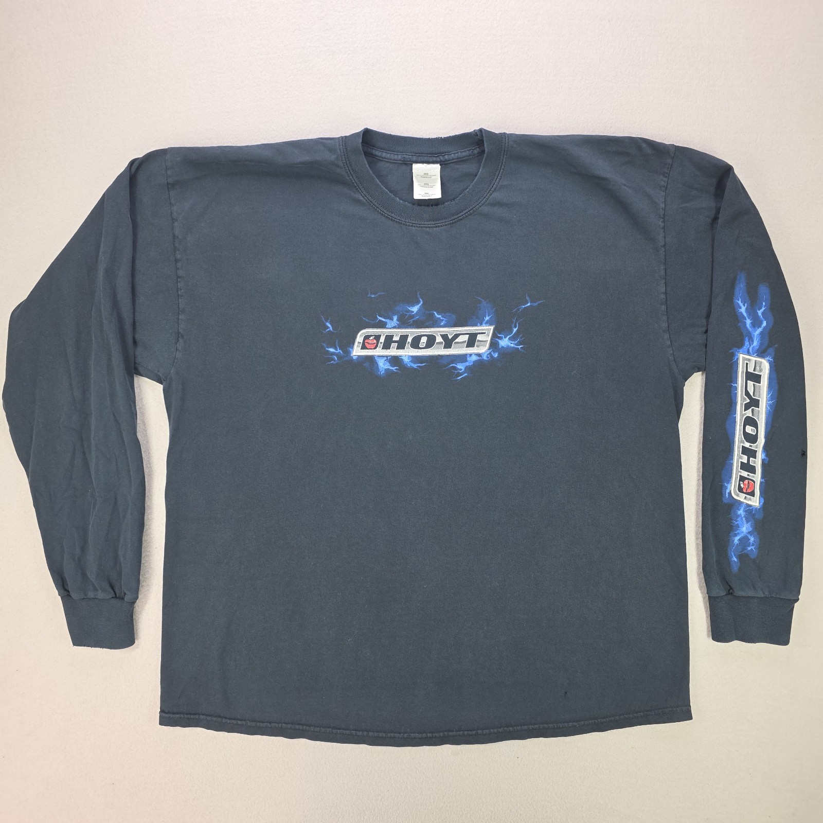 Vintage Hoyt Archery Blue Flame Long Sleeve Shirt Gildan 2XL Black Faded Rare