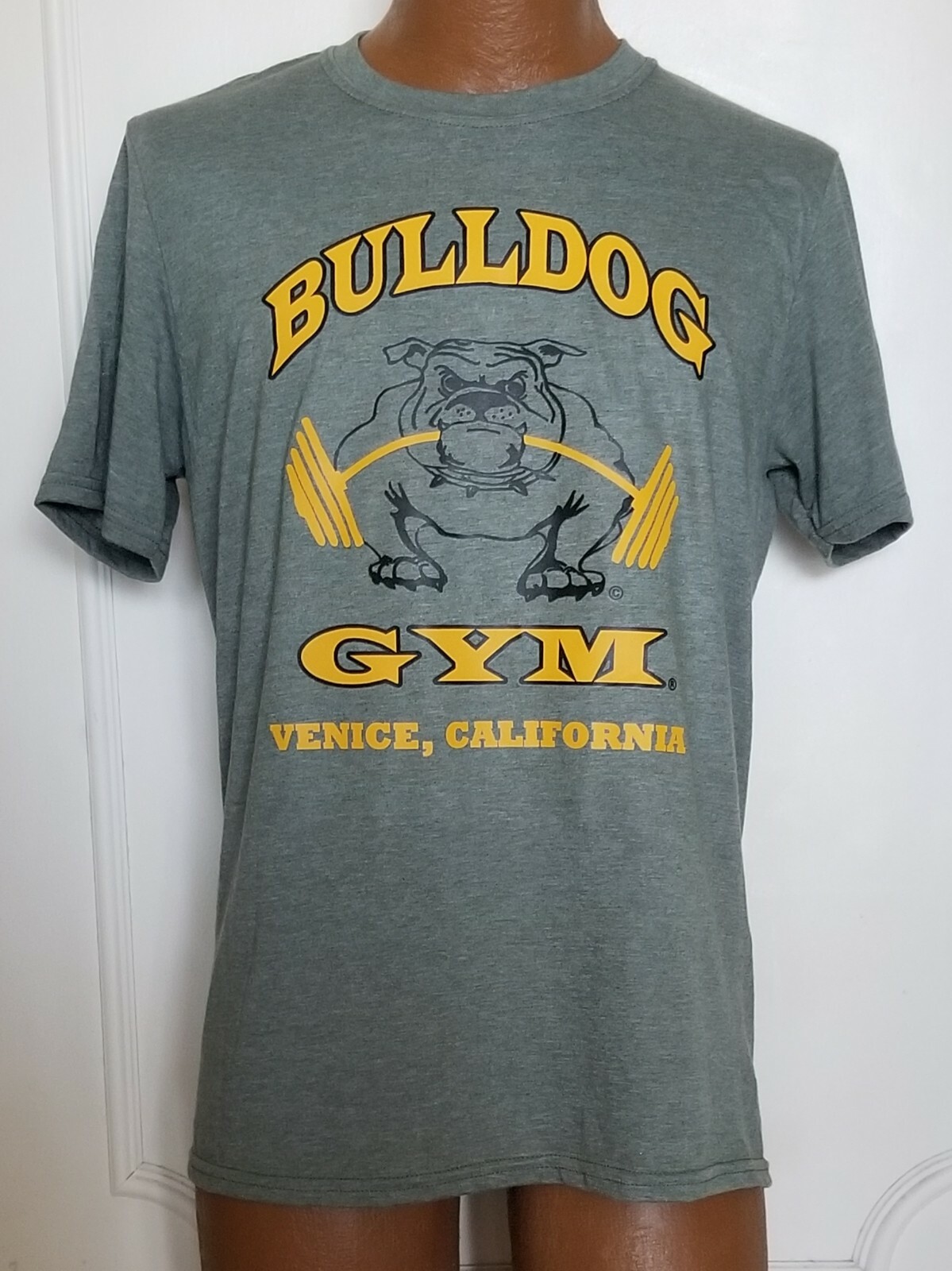 Bulldog Gym Venice California Workout Muscle Military Green / Gold T-Shirt NEW