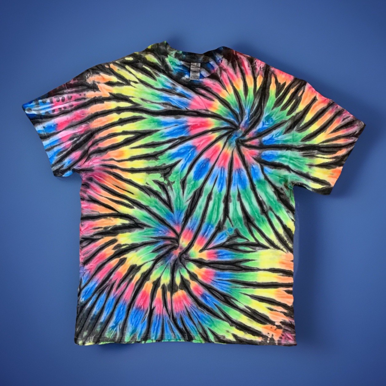 *New* 2XL – Sm Handmade Tie Dye, Rainbow Black Twin Spiral, Crew or V-Neck