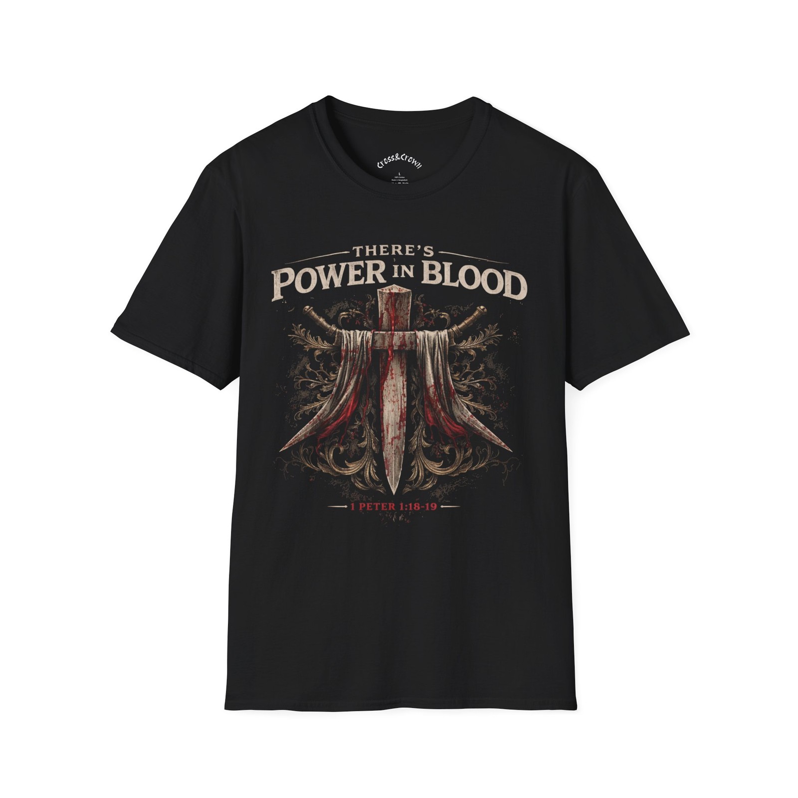 Power in Blood cross shirt | 1 Peter 1:18-19. « UNISEX SOFTSTYLE GILDAN 64000 »